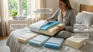 Graphic showing how to adjust the thickness or loft of a memory foam pillow to find the perfect height for side sleeping.