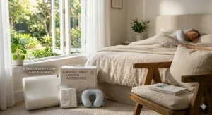 A bedroom floor setup next to an open window, featuring a memory foam neck pillow, a product box labeled replacement cover and accessories, a replacement cover, and a blue travel neck pillow.