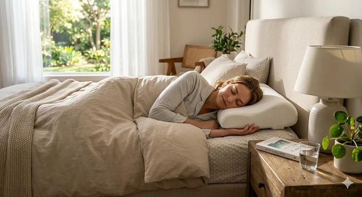 A woman sleeping peacefully on her side in a bright bedroom, using a contoured memory foam pillow that supports her neck and keeps her head aligned. memory foam pillow for neck pain