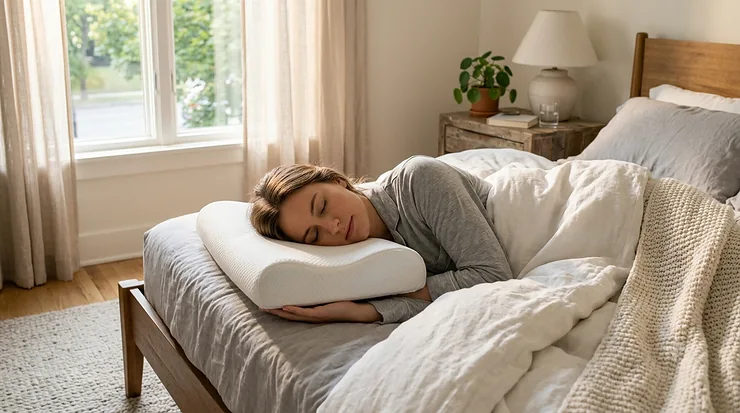 A person sleeping comfortably on their side using a contoured memory foam pillow that aligns their neck and spine.