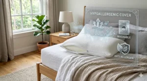 Graphic blueprint showing the exact length, width, and loft heights of an orthopedic cervical memory foam pillow.