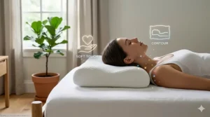 Line art diagram of a back sleeper with a contour memory foam pillow cradling the neck and head to prevent stiffness.