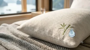 Detailed texture of the breathable, cooling bamboo cover on the memory foam pillow.