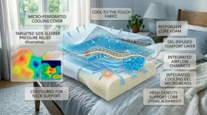 Illustration demonstrating airflow and cooling gel technology inside a memory foam pillow to prevent overheating at night.