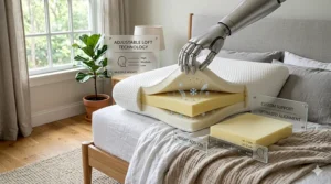 Diagram with heat-dispersion arrows showing how a cooling gel memory foam pillow promotes airflow and controls temperature during sleep.