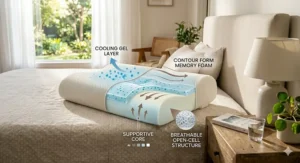 A cross-section diagram of a contour pillow on a bed, illustrating the cooling gel layer, contour foam, supportive core, and breathable open-cell structure.