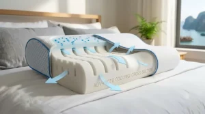 Cross-section view of a cooling memory foam pillow showing ventilated airflow channels.