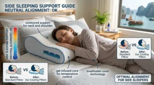 Side sleeper using a cooling memory foam pillow for optimal neck and shoulder support.