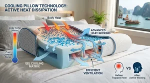 Graphic illustrating how a cooling memory foam pillow wicks heat away for better sleep.