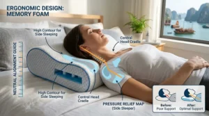 Ergonomic design of a cooling memory foam pillow providing spinal alignment.