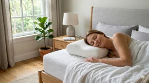 Graphic vector illustration of an orthopedic memory foam pillow showing its ergonomic contour shape designed for neck alignment.
