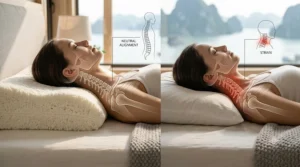 A side profile illustration showing how the shredded memory foam supports neck alignment.