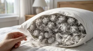 A cross-section illustration of premium goose down clusters inside a plush luxury down pillow.