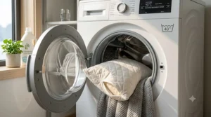 A clean, removable pillow cover being placed into a washing machine.
