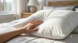 A person fluffing a high-loft down pillow to demonstrate its cloud-like softness and adjustable shape.