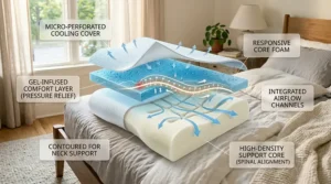 Diagram showing the inner layers of a cooling memory foam pillow, including the breathable cover and high-density foam core.