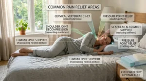 Diagram illustrating how a memory foam pillow for side sleepers reduces morning neck stiffness and upper back pain.