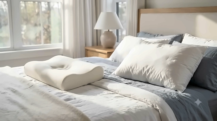 A side-by-side comparison of a structured contour memory foam pillow and a soft fluffy down pillow on a bed. memory foam pillow vs down pillow
