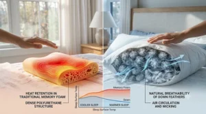 Infographic comparing the cool airflow of a breathable down pillow against the heat-retaining properties of a memory foam pillow.