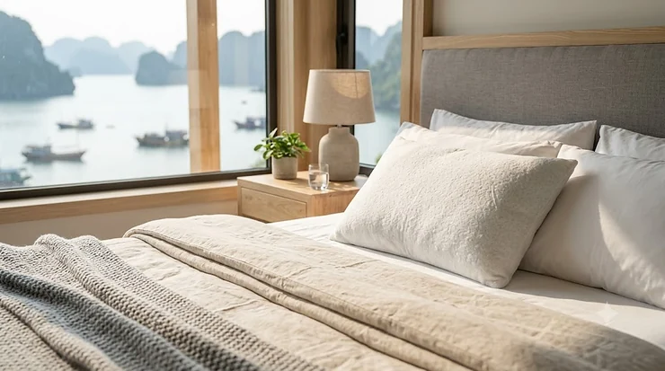 A luxurious shredded memory foam pillow centered on a neatly made white bed.