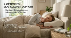 A side sleeper resting on a contoured neck pillow with a skeletal diagram overlay showing how the pillow maintains spinal alignment to prevent neck tension.