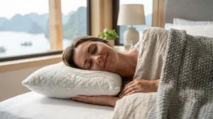 A side sleeper resting comfortably on a supportive shredded memory foam pillow.