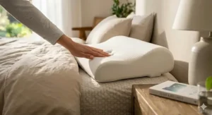 A close-up view of a person's hand pressing into the textured, white surface of a contoured memory foam pillow to demonstrate its slow-rebound properties.