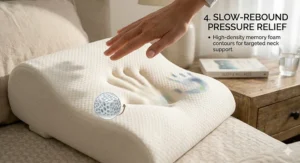 A detailed macro shot showing a hand print sinking into a memory foam pillow with text explaining slow-rebound pressure relief and a graphic of high-density open cells.