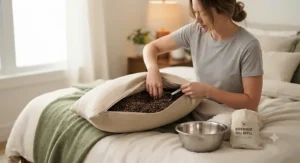 A person adjusting the hull filling inside a best buckwheat pillow to customize loft and firmness.