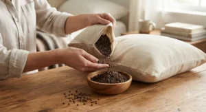 Hands adjusting the loft and firmness of a buckwheat pillow by pouring out hulls on a wooden surface.