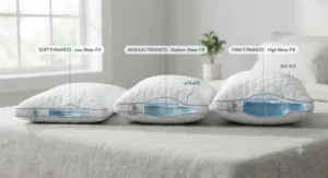 Three water pillows for neck pain showing soft, medium, and firm water fill levels for customized comfort.