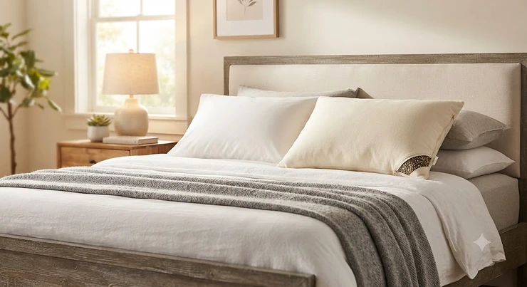 A comfortable bed staged with a traditional pillow next to a buckwheat hull pillow to answer the question, are buckwheat pillows worth it?