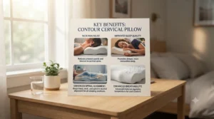 Infographic highlighting the primary health benefits of using a cervical pillow for neck pain.