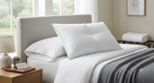 A comfortable down alternative pillow styled on a guest bed to provide a hotel-like experience.