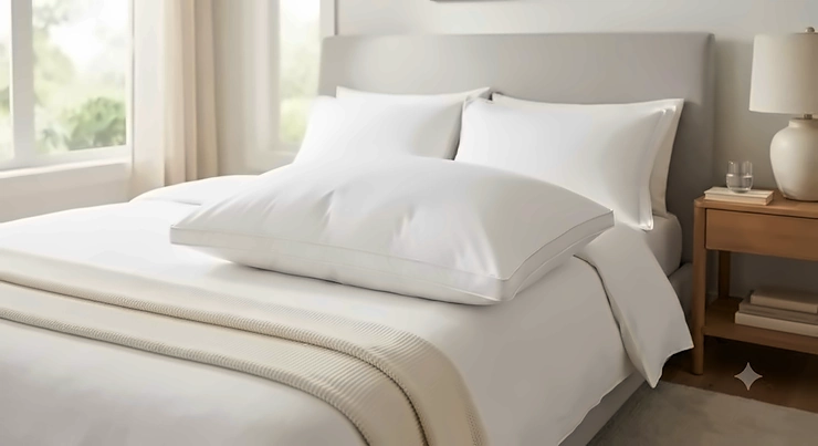A plush, high-quality white down pillow resting on a made bed, representing the best down pillow for comfortable sleeping.
