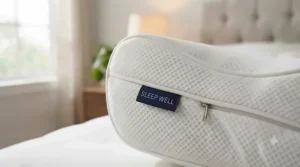 Detailed view of the removable, breathable cover on a memory foam pillow.
