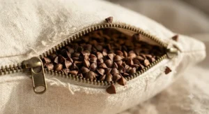 Close-up view of organic buckwheat hulls inside an unzipped pillow case, showing the natural filling structure. are buckwheat pillows worth it