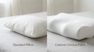 Side-by-side comparison of a standard pillow and a cervical pillow for neck pain relief.