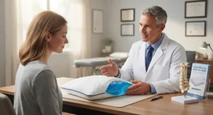 A chiropractor explaining the ergonomic benefits of a water pillow for neck pain to a patient.