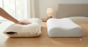 Side-by-side comparison of a moldable buckwheat pillow and a standard contour memory foam pillow.