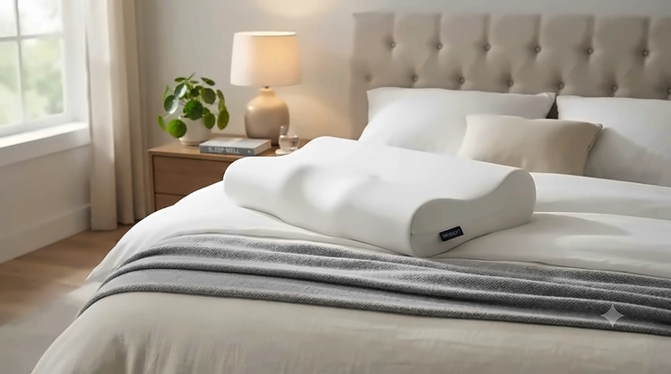 Comfortable contour memory foam pillow on a made bed with white bedding.