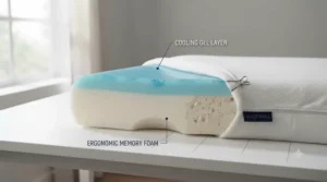 Cutaway view of a contour memory foam pillow featuring cooling gel layers.