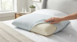 A cooling natural latex pillow with ventilation pinholes for enhanced airflow and temperature regulation all night.