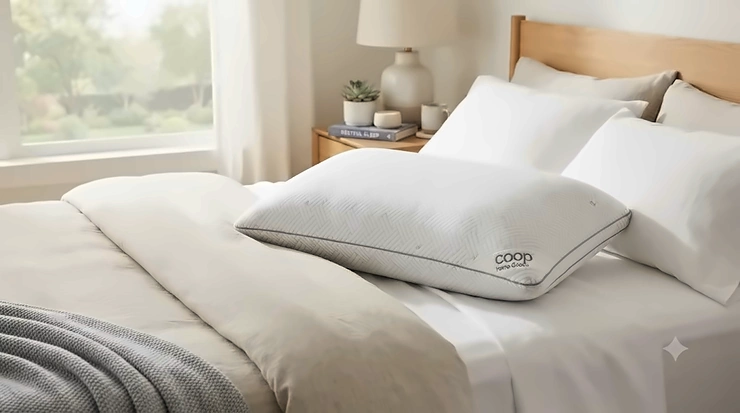 A premium Coop Home Goods adjustable pillow displayed on a clean, modern bed setup. Coop Home Goods pillow