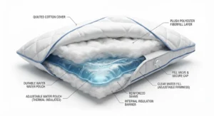 Cross-section illustration showing the internal water pouch and plush polyester fiberfill of a water pillow for neck pain.