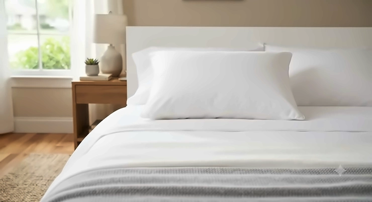 A plush down alternative pillow placed neatly on a freshly made white bed.