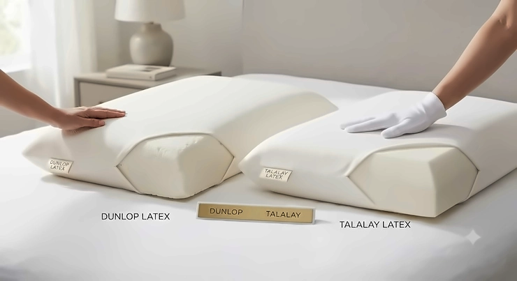 Side-by-side comparison of Dunlop and Talalay latex pillows showing texture and firmness differences. Dunlop vs Talalay latex pillow