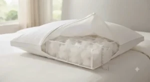 Cross-section illustration of a down pillow showing baffle box construction for even filling distribution.