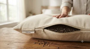 Durable, tightly woven organic cotton zippered pillow cover designed specifically for buckwheat hulls.