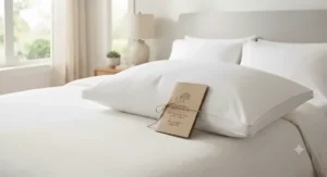 A premium down pillow emphasizing ethically sourced filling and sustainable manufacturing.